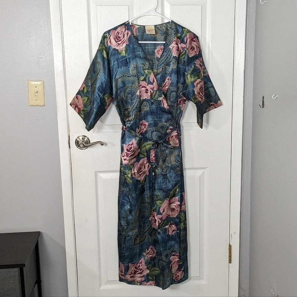 Vintage Katherine Bishop Long Blue Floral Satin Dressing Gown Robe Size‎ Small